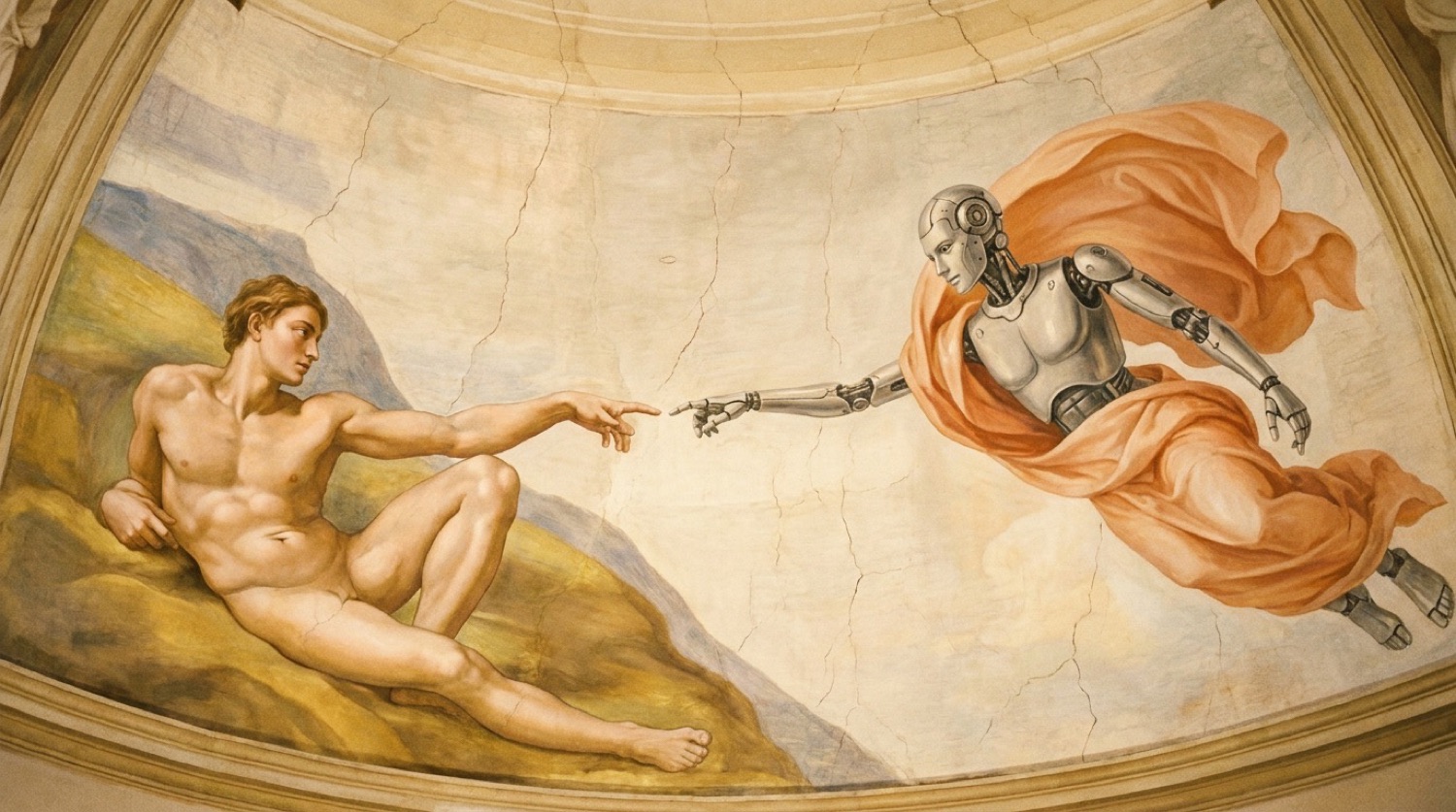 La Creazione di Adamo rifatta: la mano dell'uomo e la mano di un robot che quasi si sfiorano