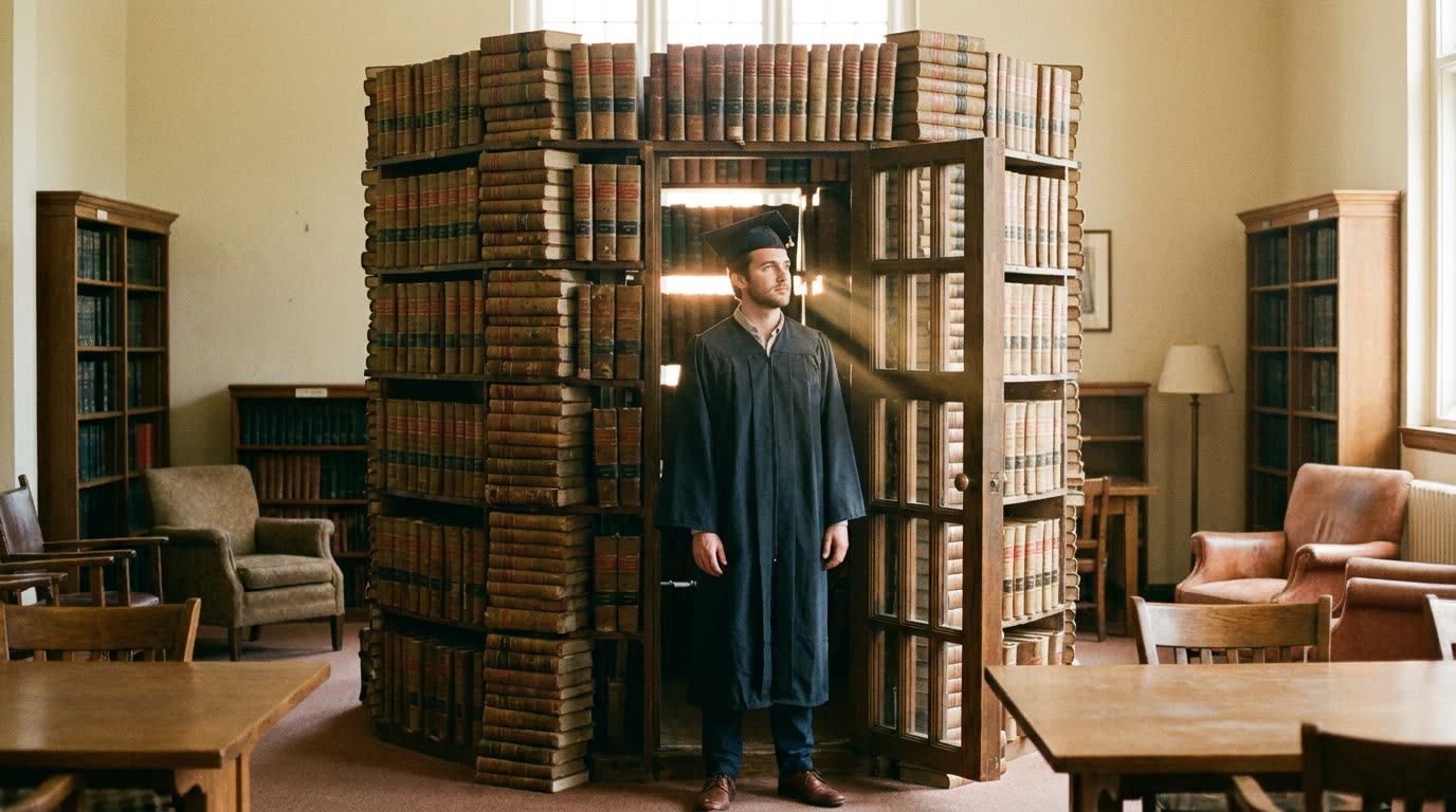 Un laureato dentro una gabbia dorata fatta di libri di diritto, con la porta aperta