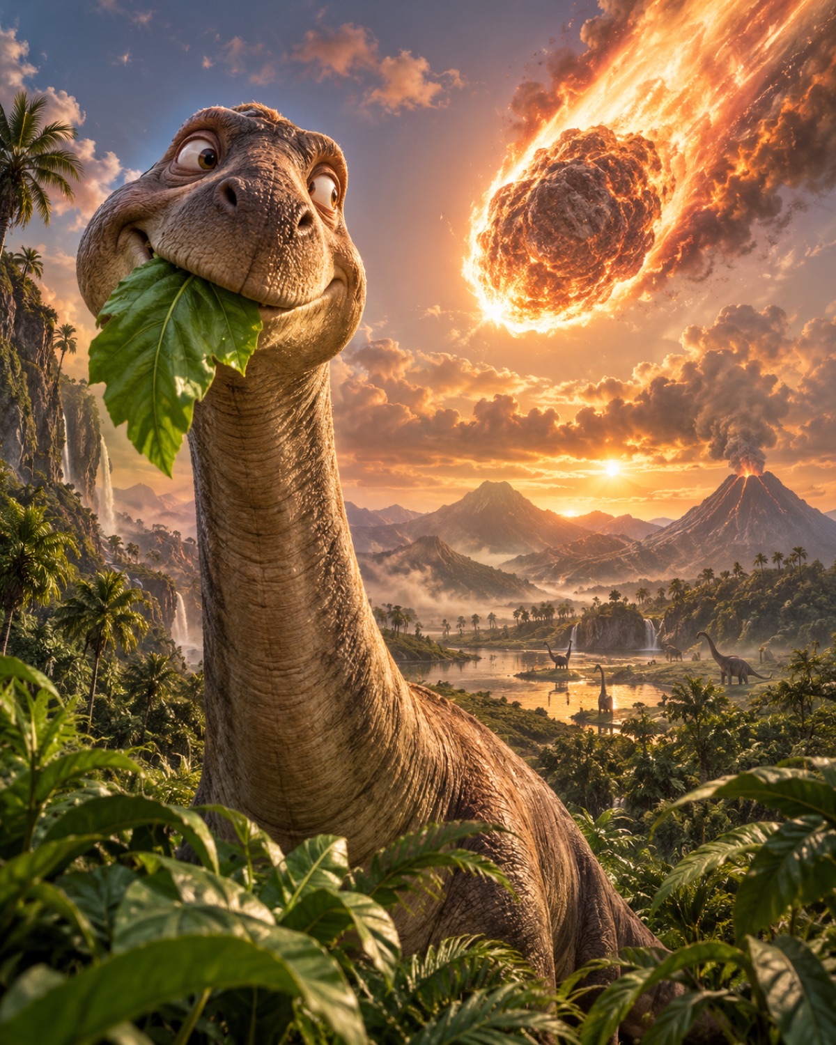 Un dinosauro mastica una foglia e nel riflesso del suo occhio si vede l'asteroide