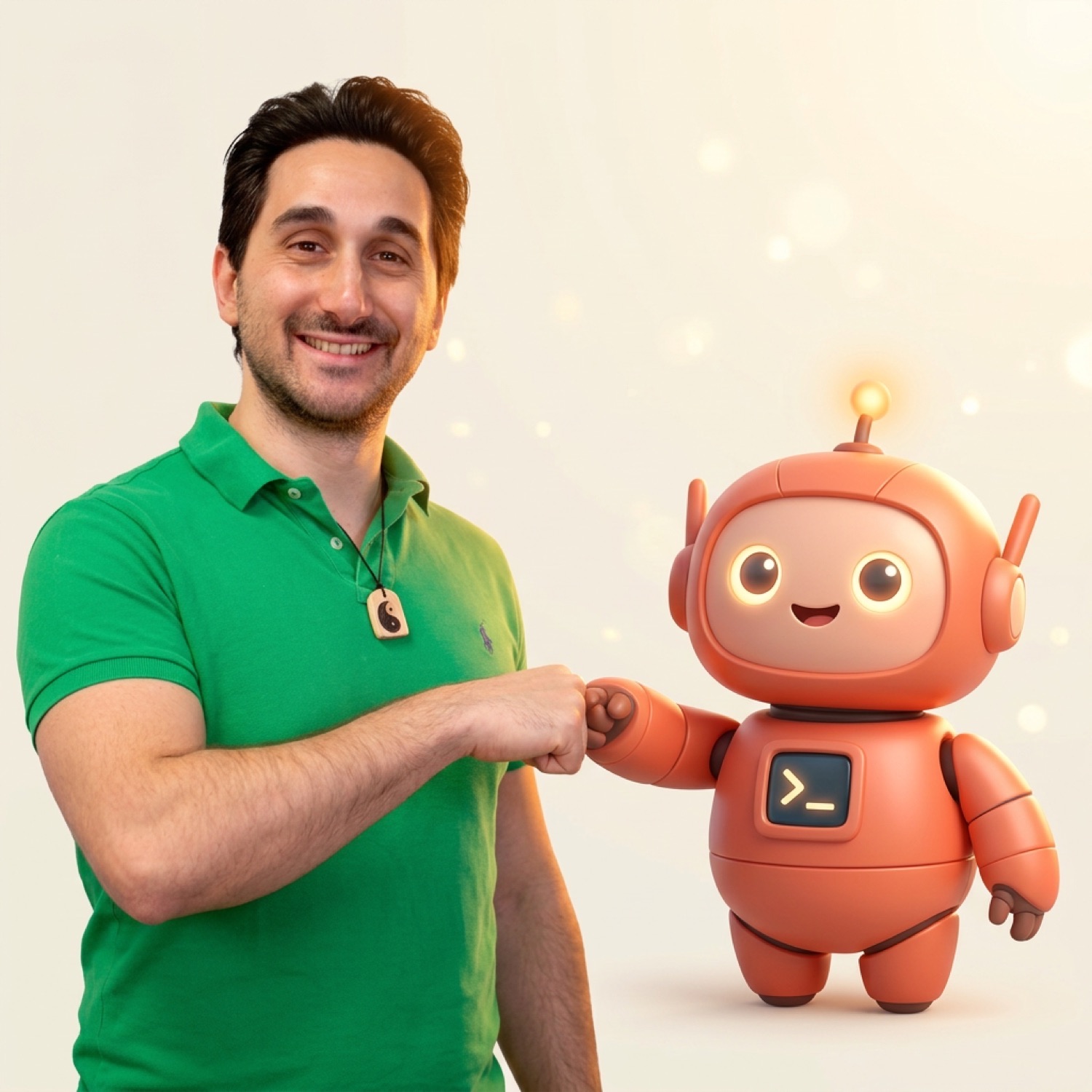 Su una panchina: un robot col petto pieno di ingranaggi e un umano col petto che brilla