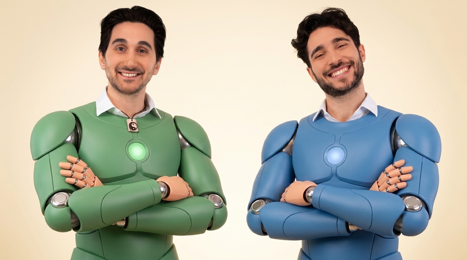 Andrea e Giuseppe in versione androide, a braccia incrociate