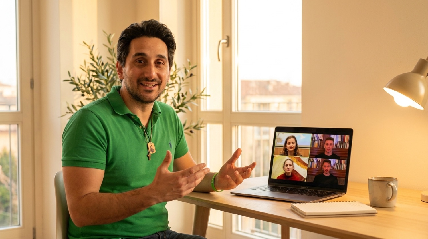 Andrea alla scrivania durante una coaching online con quattro studenti sullo schermo